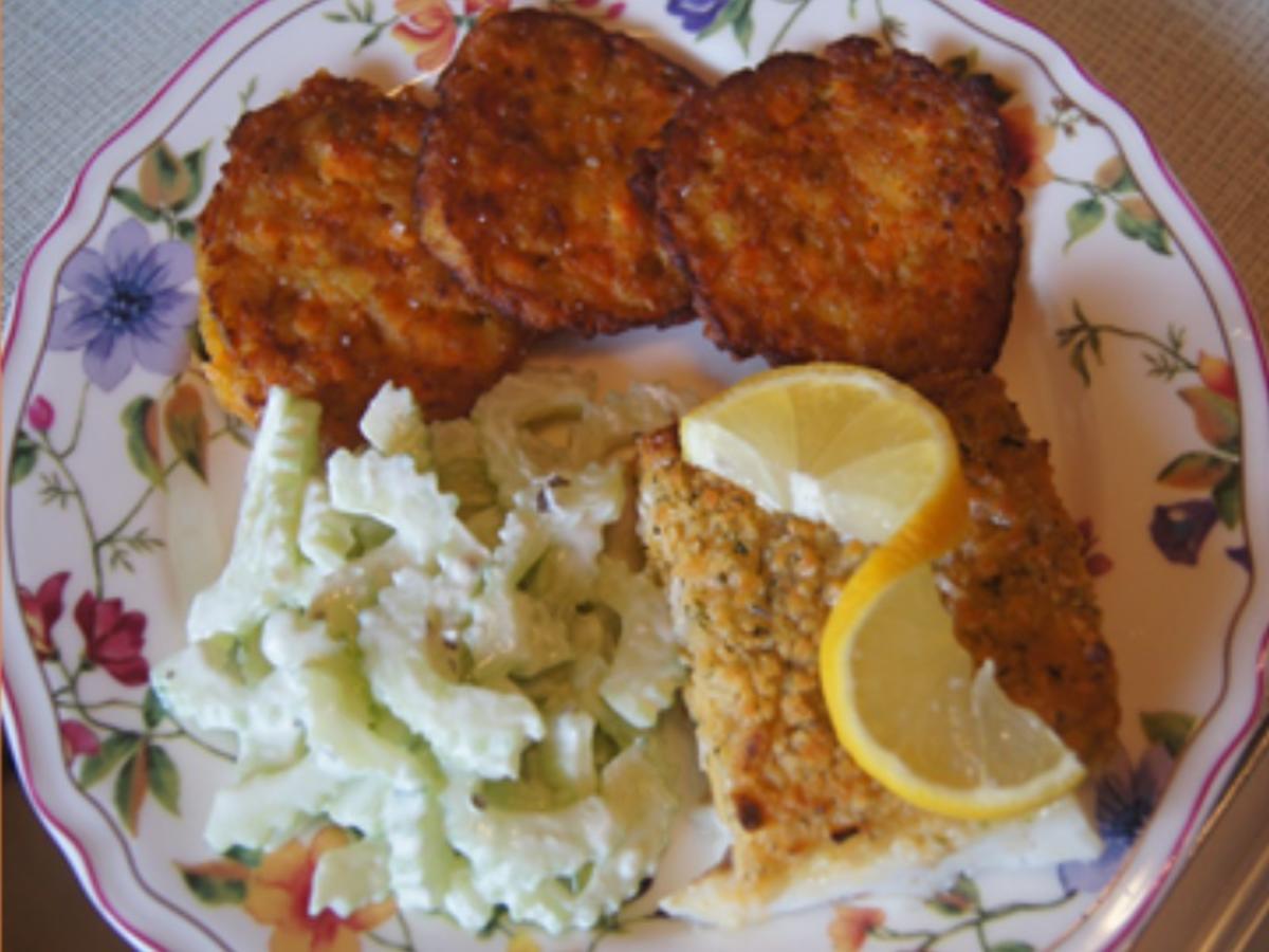 Schlemmerfilet mit Süßkartoffelrösti und Gurkensalat - Rezept - kochbar.de