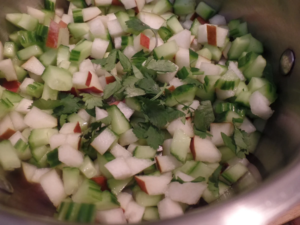 Pikanter Möhren-Linsen-Eintopf mit Birnen-Gurken-Topping - Rezept - Bild Nr. 11452