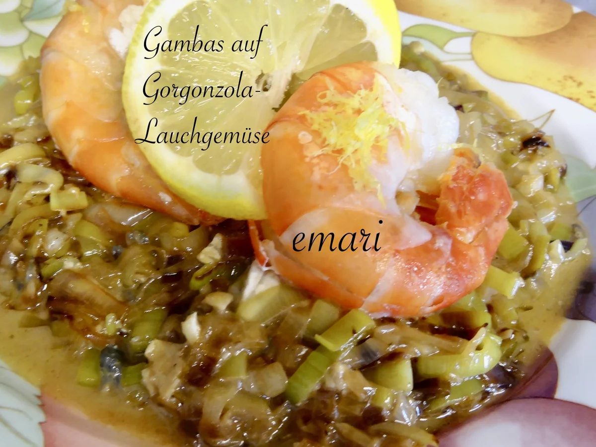 Rezept: Gambas auf Gorgonzola - Lauchgemüse Bild Nr. 2 Gambas auf Gorgonzola - Lauchgemüse - Rezept - Bild Nr. 2