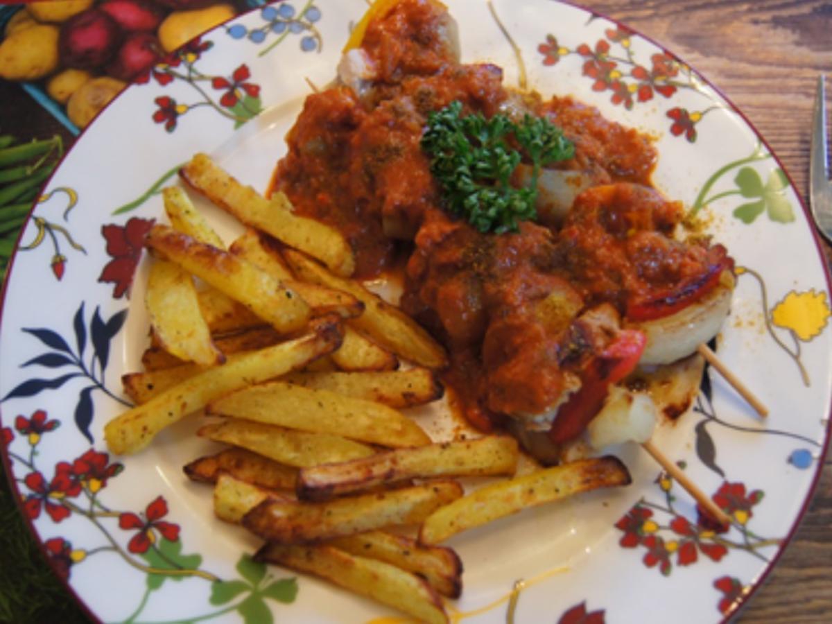 Schweinefilet-Schaschlik mit Paprika-Zwiebel-Mix und selbstgemachter ...