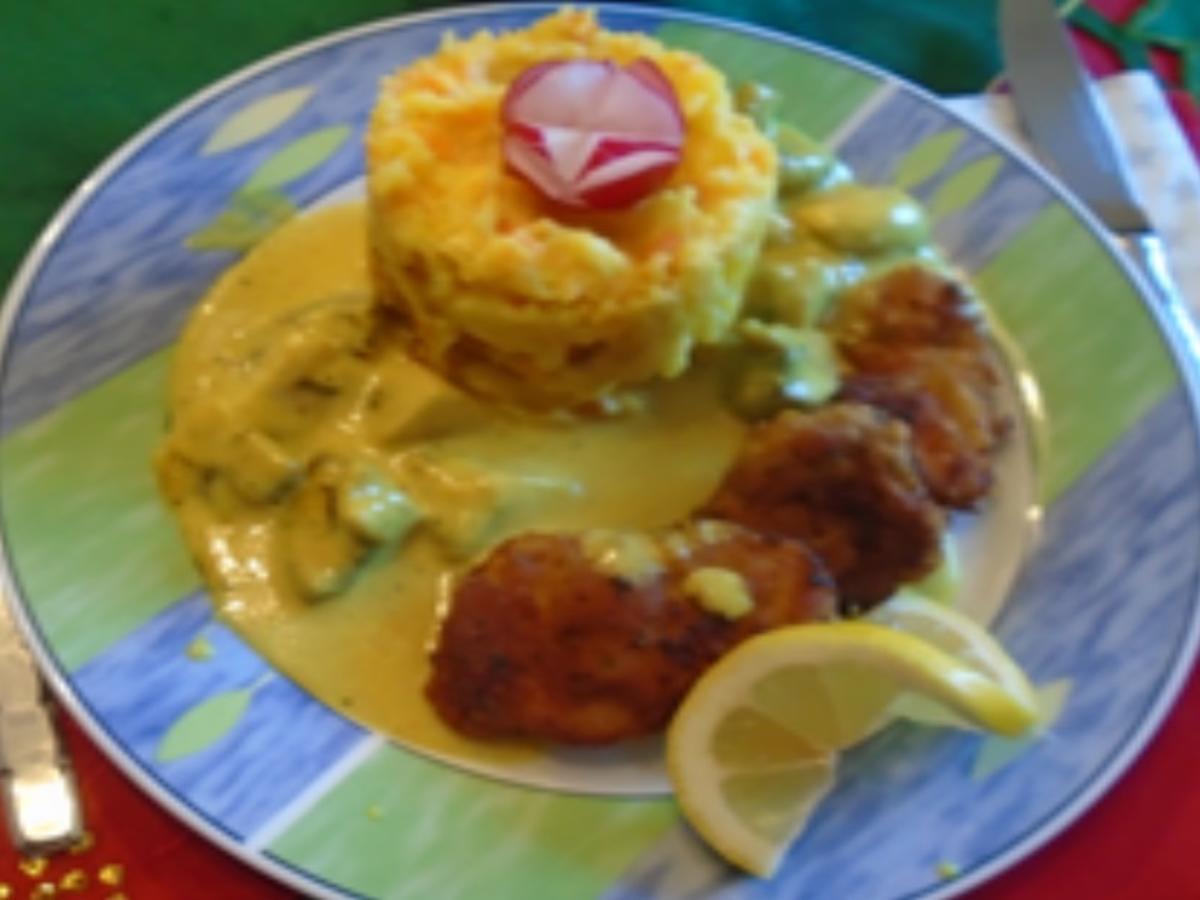 Schnitzelchen mit Champignons in Currysauce und Möhren-Sellerie-Kartoffel-Stampf - Rezept - Bild Nr. 2