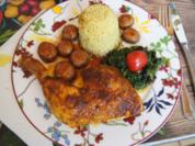 Hähnchenschenkel mit Champignons, Spinat und Curryreis - Rezept - Bild Nr. 2