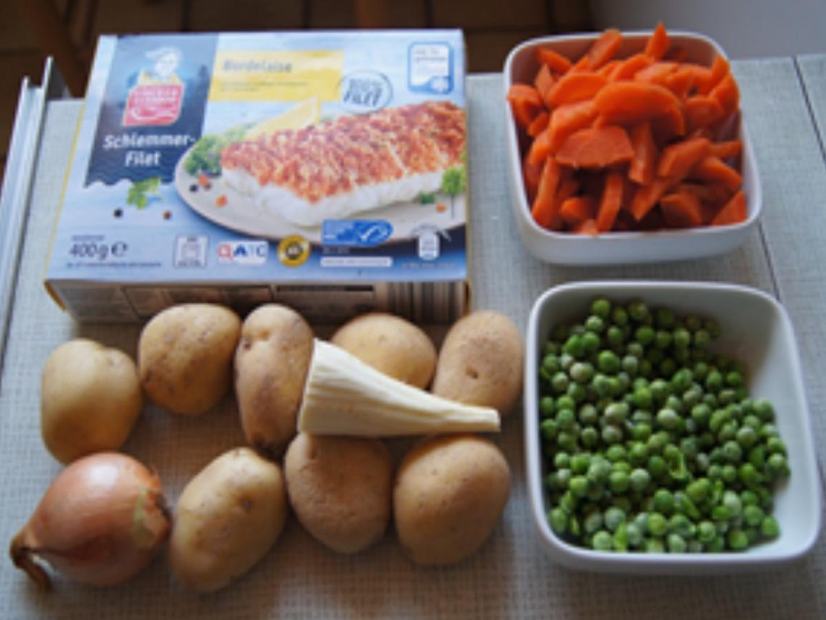 Schlemmerfilet mit Erbsen-Möhren-Gemüse und Kartoffelstampf - Rezept - Bild Nr. 3
