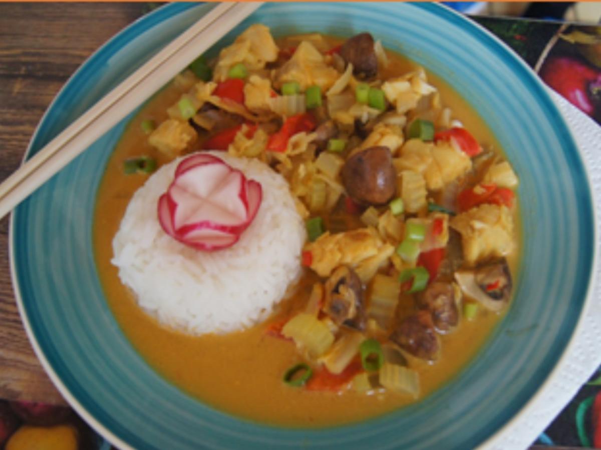 Asiatisches-Kabeljau-Curry mit Jasmin-Reis - Rezept - kochbar.de