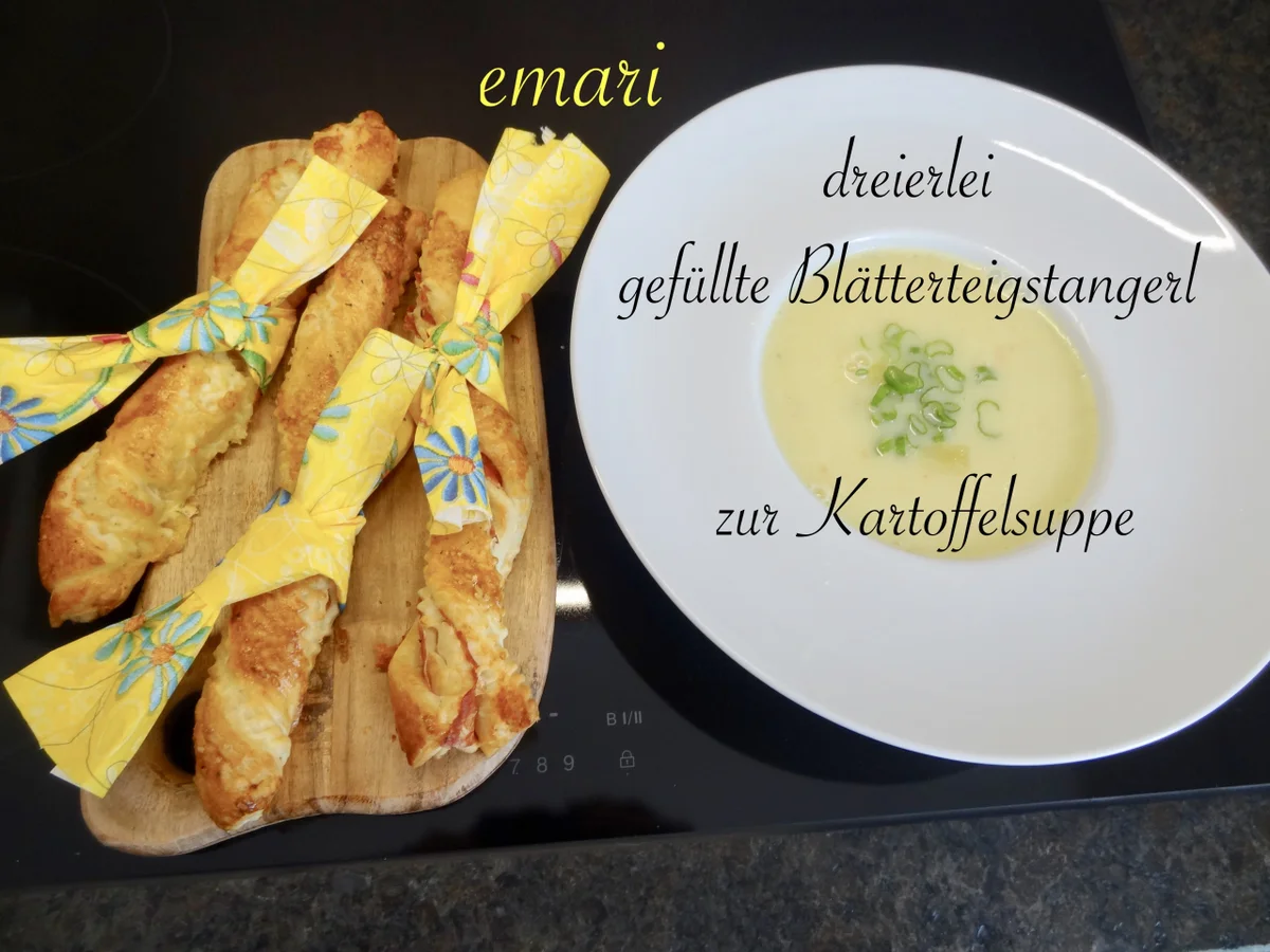 Rezept: dreierlei gefüllte Blätterteig Stangerl zur Kartoffelsuppe Bild Nr. 13677 dreierlei gefüllte Blätterteig Stangerl zur Kartoffelsuppe - Rezept - Bild Nr. 13677