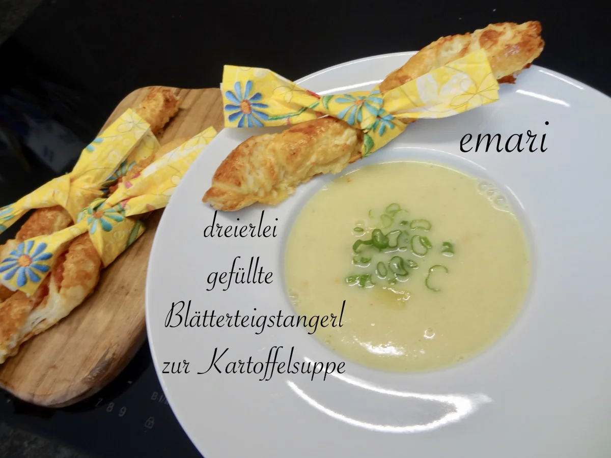 Rezept: dreierlei gefüllte Blätterteig Stangerl zur Kartoffelsuppe Bild Nr. 13696 dreierlei gefüllte Blätterteig Stangerl zur Kartoffelsuppe - Rezept - Bild Nr. 13696