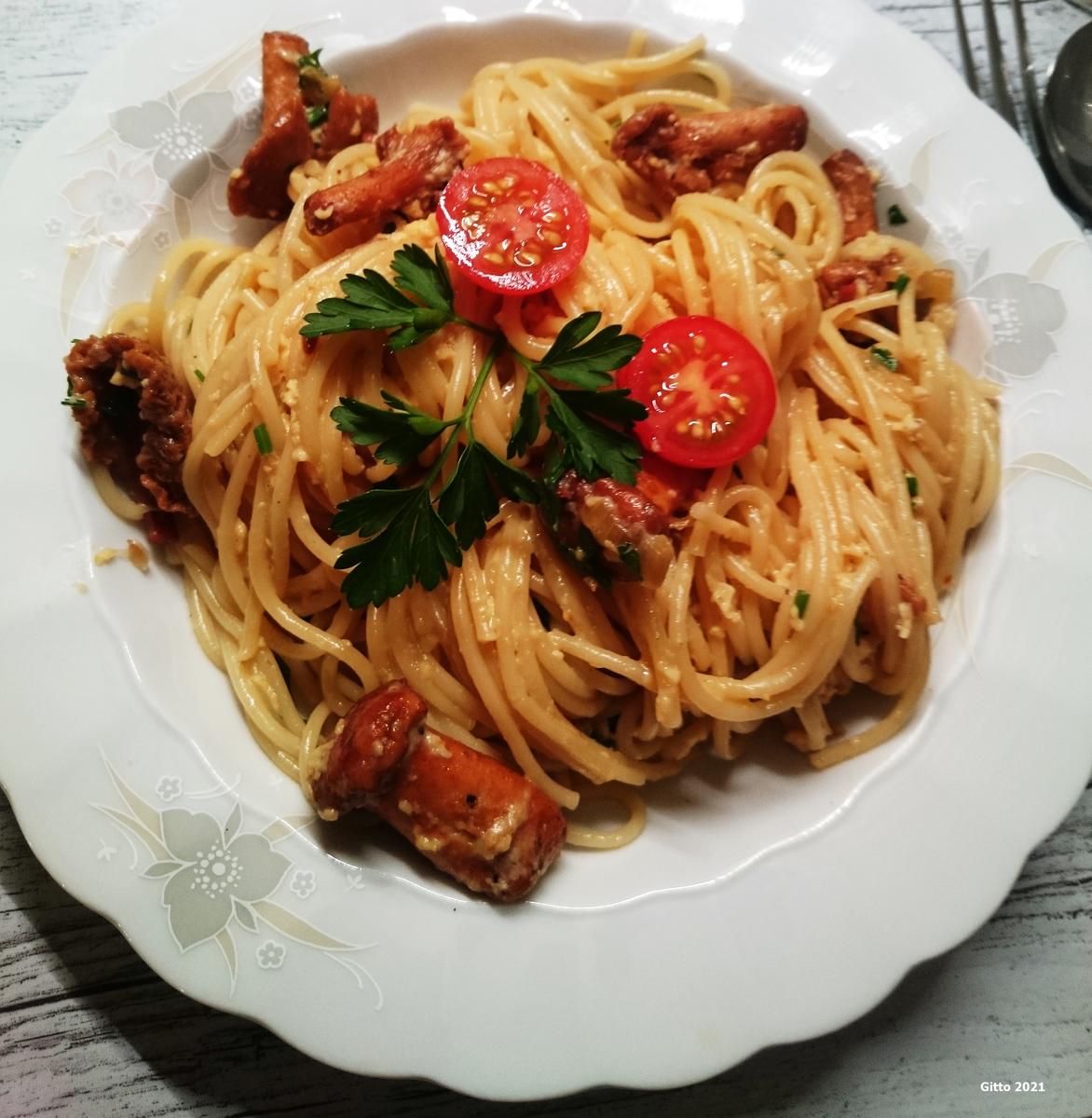 Spaghetti mit Pfifferlingscarbonara nach meiner Art. - Rezept - Bild Nr. 13702