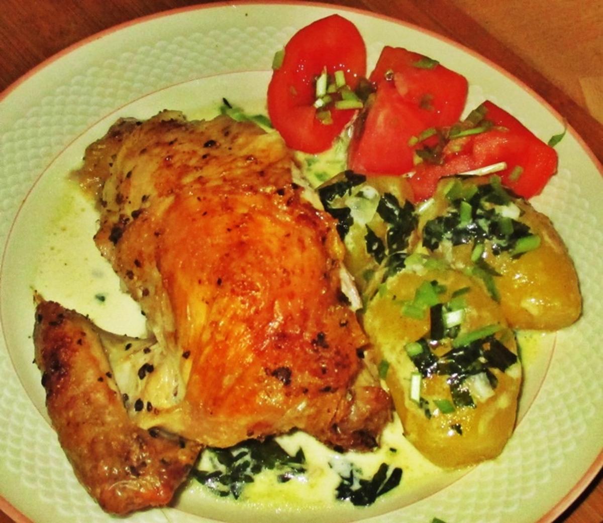Hühnchen vom Spieß mit Bärlauch-Sahnekartoffeln - Rezept - kochbar.de