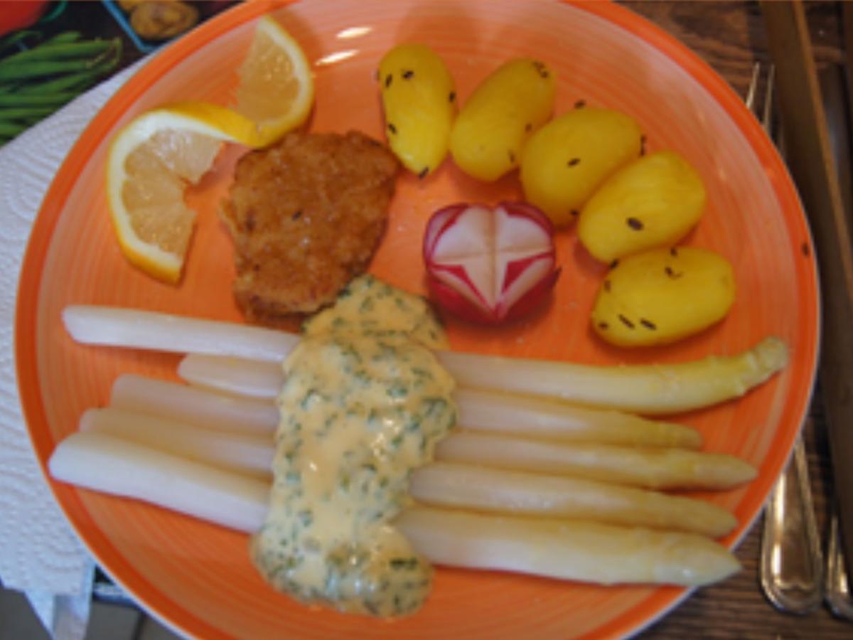 Spargel mit Sauce Hollandaise legere, mini Knusperschnitzel und Drillingen - Rezept - Bild Nr. 13907