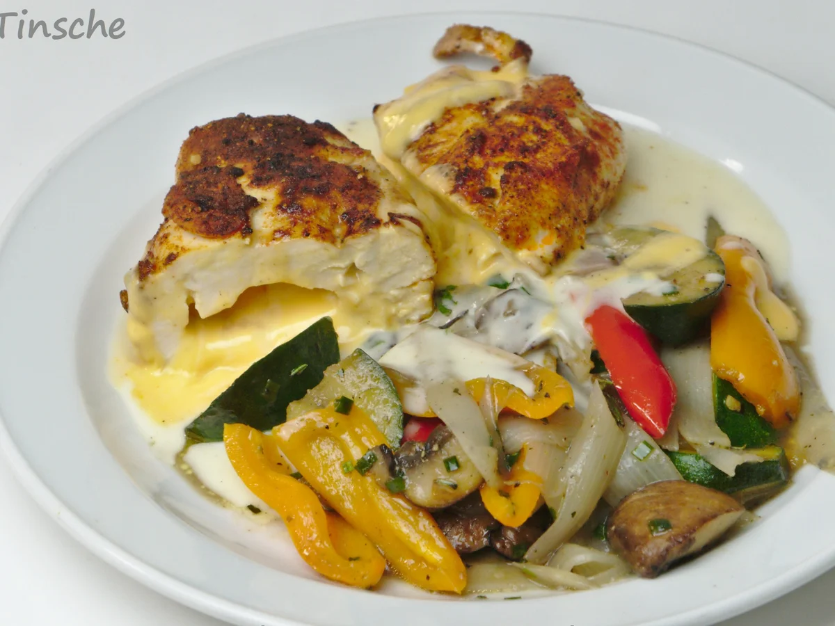 Gefülltes Hähnchenbrust mit Schmelzkäse & Gemüsepfanne - Rezept - Bild Nr. 13976