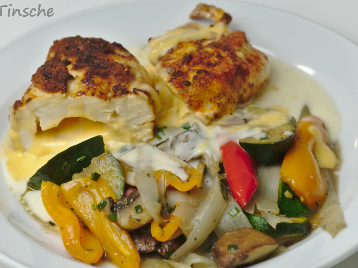 Gefülltes Hähnchenbrust mit Schmelzkäse & Gemüsepfanne - Rezept - Bild Nr. 13977