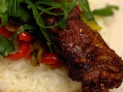 Teriyaki-Hähnchenspieß auf pikantem Kokos-Limettenreis dazu Ofenpaprika - Rezept - Bild Nr. 14047