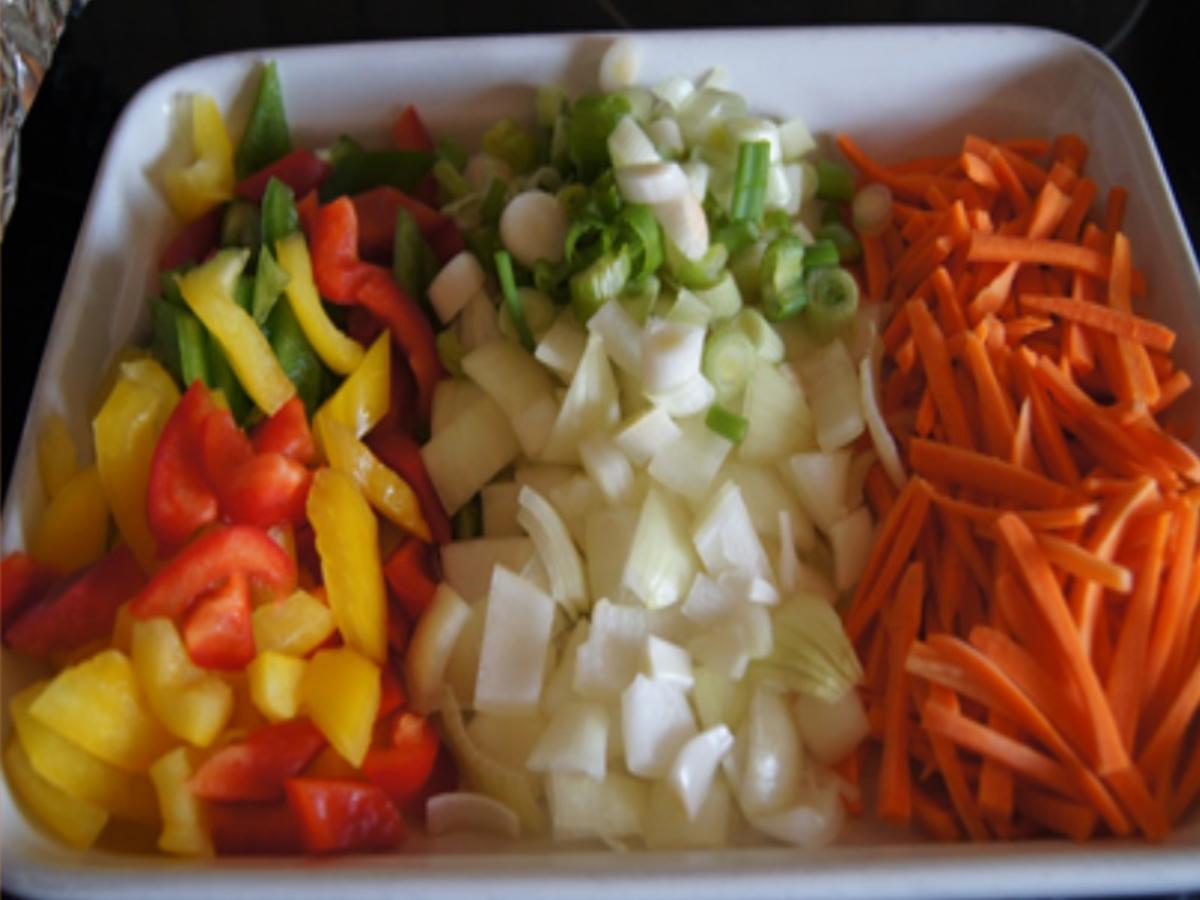 Kalbsbratwurst mit Möhren Paprika Rahm Gemüse aus dem Wok - schnell ... Kalbsbratwurst mit Möhren Paprika Rahm Gemüse aus dem Wok - schnell ...