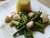 Hühner Frikassee mit grünem Spargel, begleitet von würzigem Curryreis - Rezept - Bild Nr. 14253