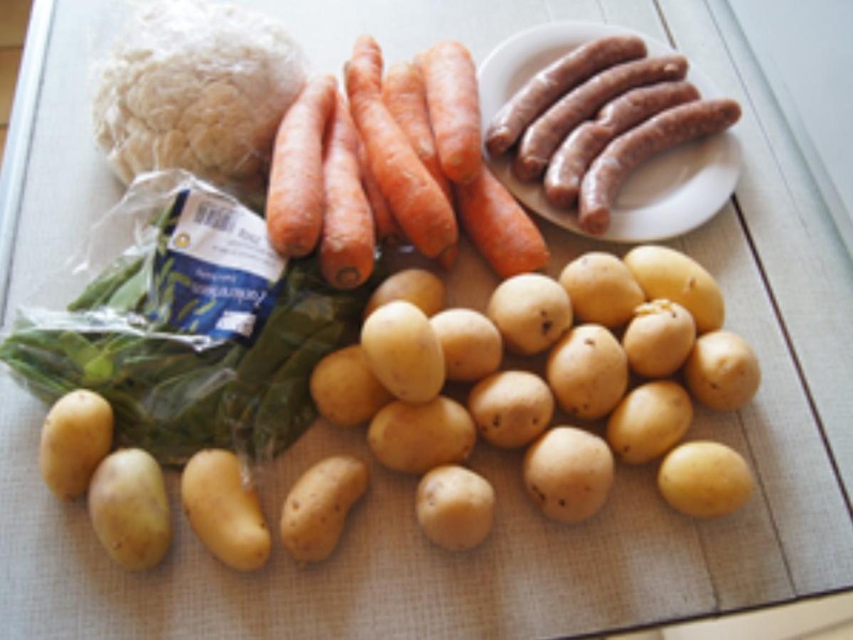 Kalbsbratwurst mit Wok-Gemüse und Drillingen - Rezept - Bild Nr. 14306