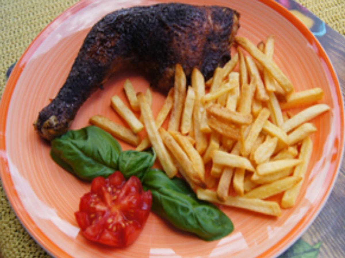 Knusprige, würzige Hähnchenkeule mit Pommes Frites - Rezept - Bild Nr. 14313