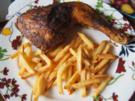 Knusprige Hähnchenkeule mit Pommes Frites und asiatischen Gurkensalat - Rezept - Bild Nr. 14403