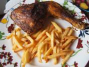Knusprige Hähnchenkeule mit Pommes Frites und asiatischen Gurkensalat - Rezept - Bild Nr. 14403