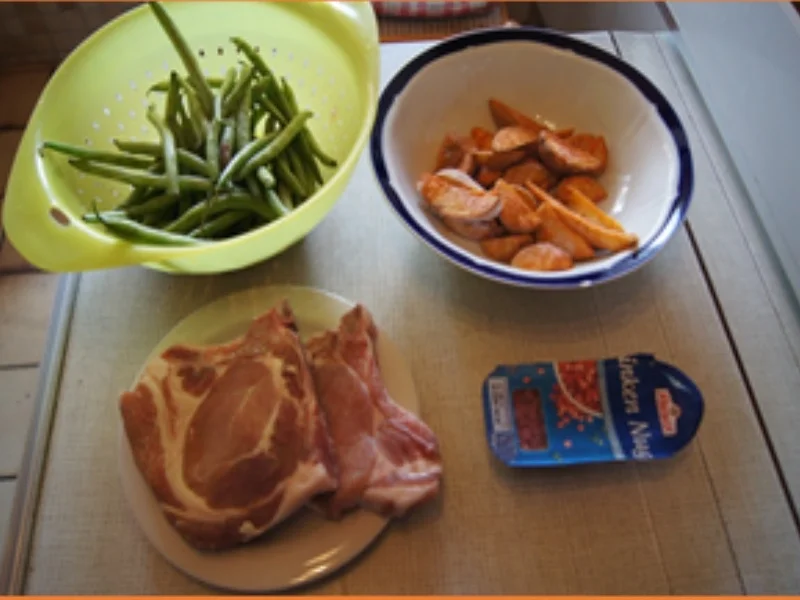 Rezept: Stielkotelett mit grünen Bohnen und Kartoffel Wedges Bild Nr. 14393 Stielkotelett mit grünen Bohnen und Kartoffel Wedges - Rezept - Bild Nr. 14393