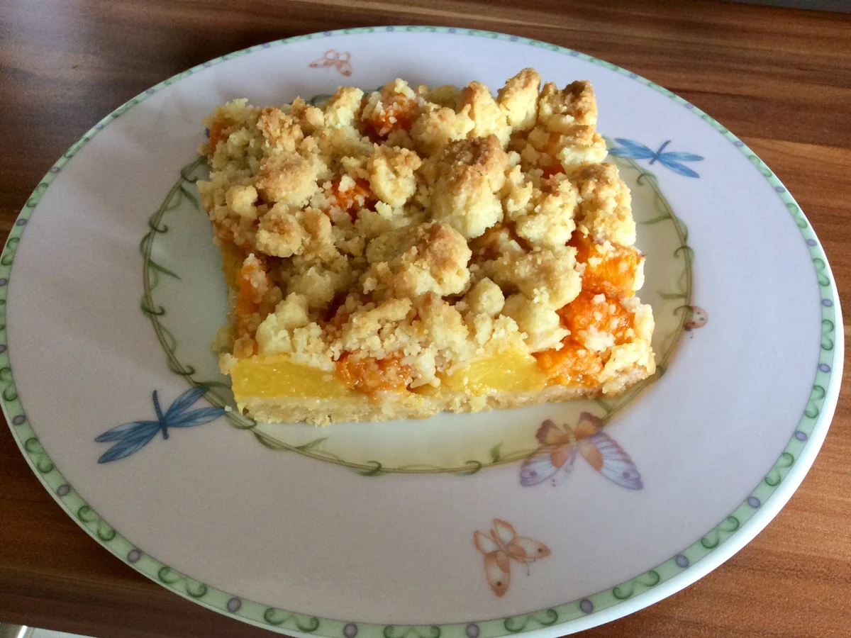 Krümelkuchen mit Pfirsichen und Aprikosen - Rezept - Bild Nr. 14534