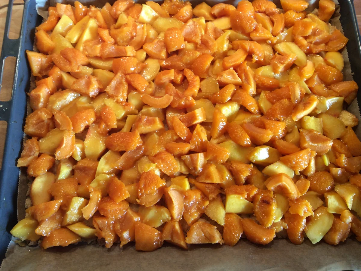 Krümelkuchen mit Pfirsichen und Aprikosen - Rezept - Bild Nr. 14536