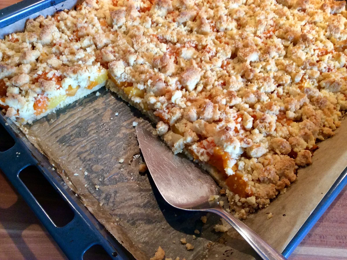 Krümelkuchen mit Pfirsichen und Aprikosen - Rezept - Bild Nr. 14537