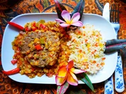 Mandarin-Blütenreis mit Frikadellen im Linsenbett - Rezept - Bild Nr. 14777