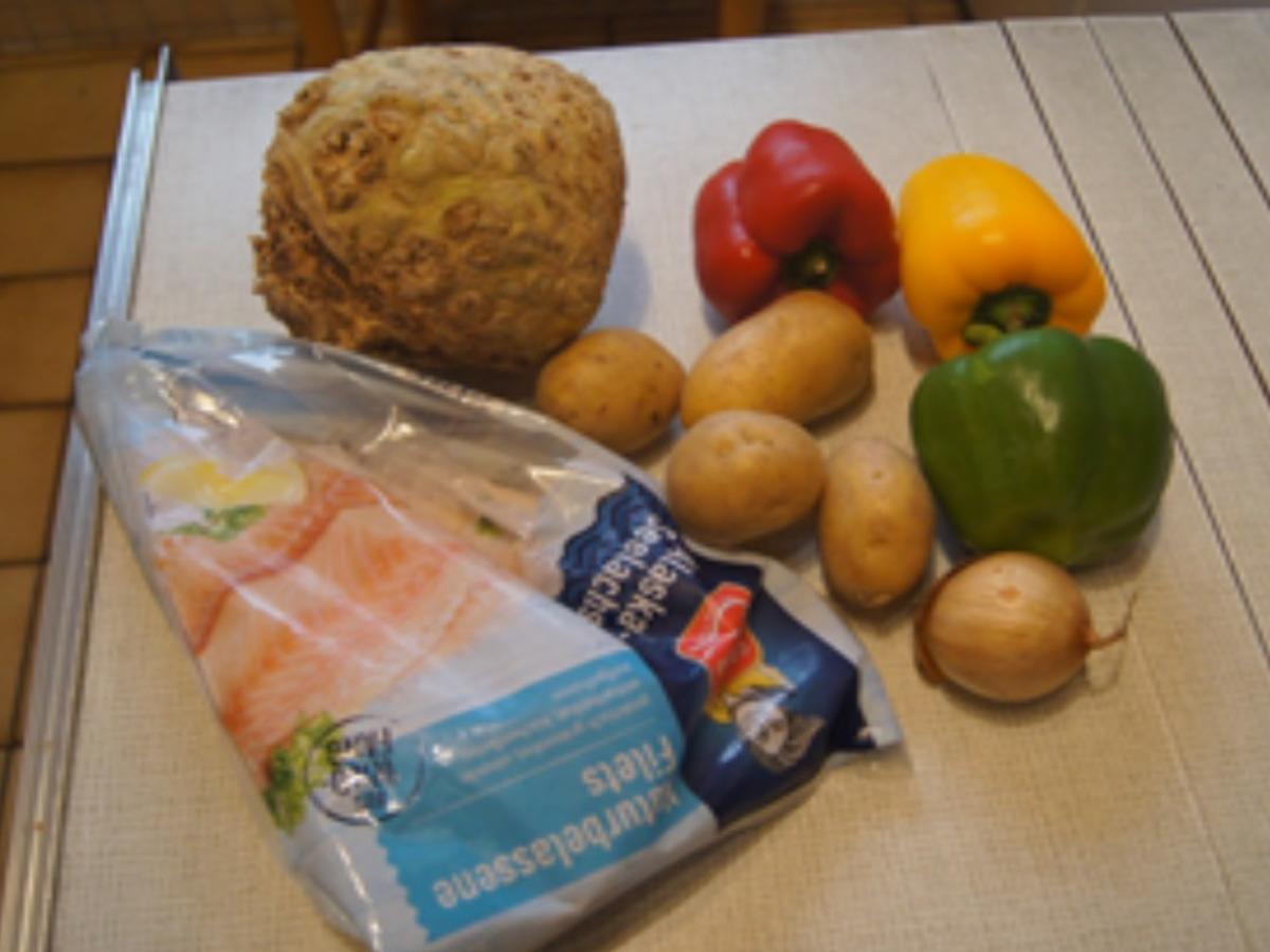 Knusper-Seelachsfilet mit Paprikagemüse und Sellerie-Kartoffel-Stampf - Rezept - Bild Nr. 14939