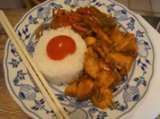 Honig-Knoblauch-Ingwer-Hähnchen mit Paprikagemüse und Basmatireis - Rezept - Bild Nr. 14947