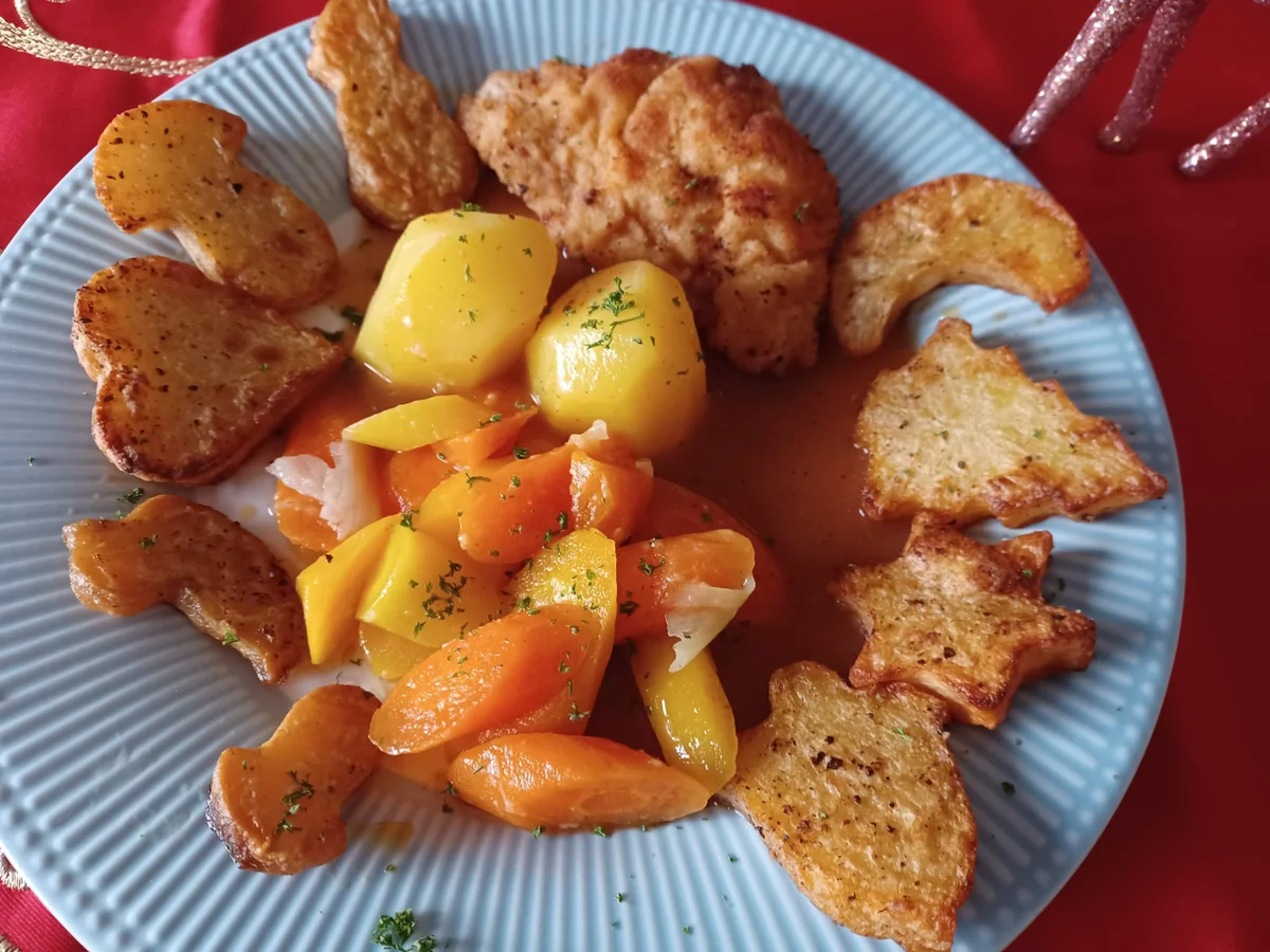 Rezept: Schnitzel mit Kartoffelplätzchen und Möhrengemüse Bild Nr. 14990 Schnitzel mit Kartoffelplätzchen und Möhrengemüse - Rezept - Bild Nr. 14990