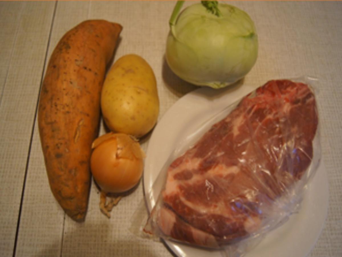 Nackenkotelett mit Rahm-Kohlrabi und Süßkartoffelstampf - Rezept - Bild Nr. 3