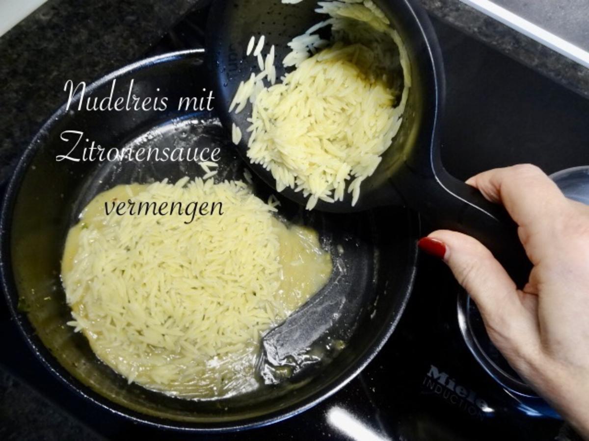 gebratenes Welsfilet auf Zitronen -  Nudelreis mit kleiner Gemüsebeilage - Rezept - Bild Nr. 15316