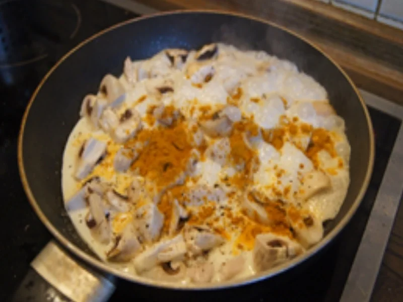 Curry-Rahmgeschnetzeltes mit Champignons, Honig-bundmöhren und Mehlklößen - Rezept - Bild Nr. 15421