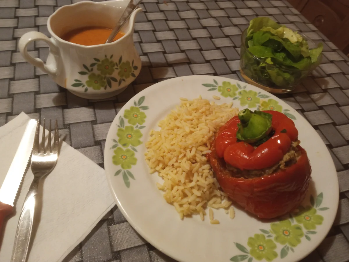 Gefüllte Paprikaschoten- Naturreis- und kleinem Salat. - Rezept - Bild Nr. 15455