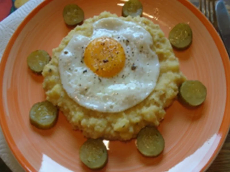 Linsen-Kartoffel-Stampf mit Spiegelei und Gewürzgurke - Rezept - Bild Nr. 2