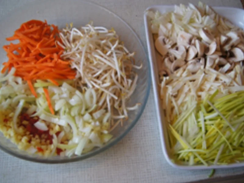 Kanton Nudeln mit Hähnchenfleisch, Gemüsemix und Eierstreifen - Rezept - Bild Nr. 15643