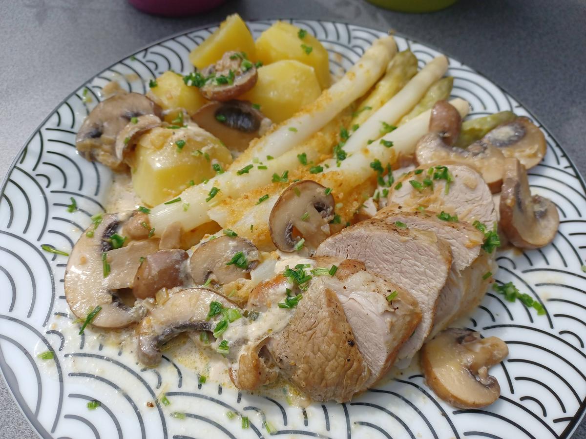 Schweinefilet mit Spargel und Pilzen - Rezept - kochbar.de