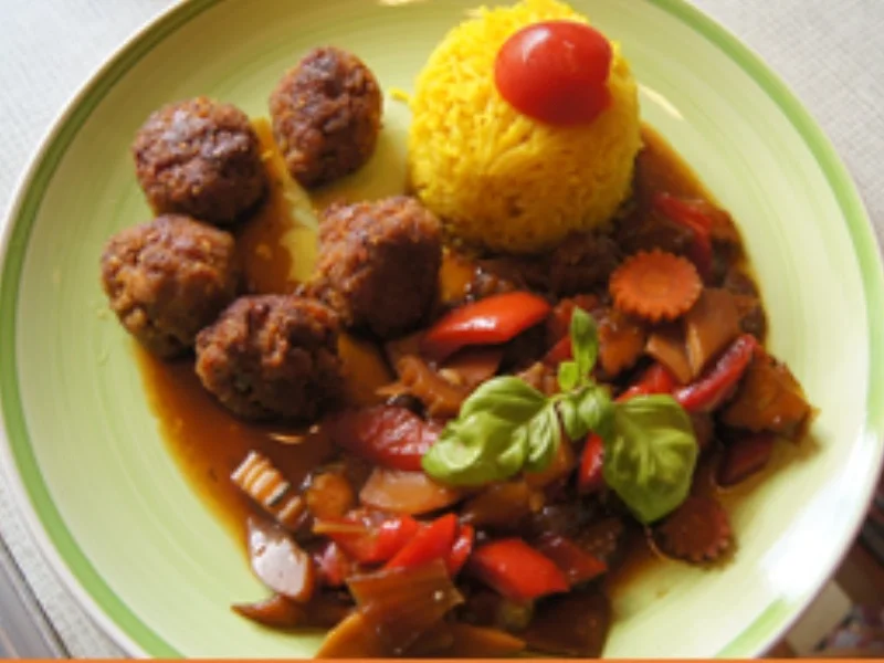 Rezept: Herzhaft-pikante Mettbällchen mit Wok-Gemüse und gelben Basmatireis Bild Nr. 15816 Herzhaft-pikante Mettbällchen mit Wok-Gemüse und gelben Basmatireis - Rezept - Bild Nr. 15816