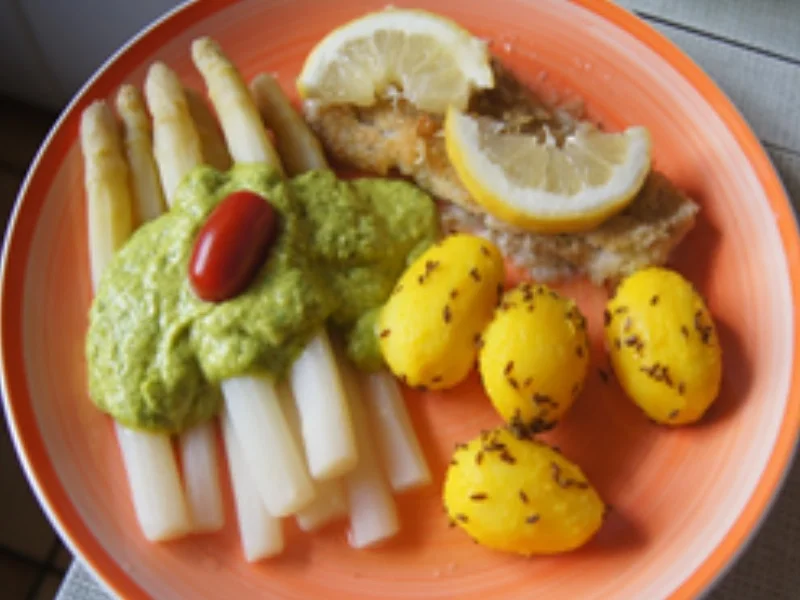 Spargel mit pikanter Spargel-Kräuter-Creme, panierten Seelachsfilet und Kümmel-Drillingen - Rezept - Bild Nr. 2