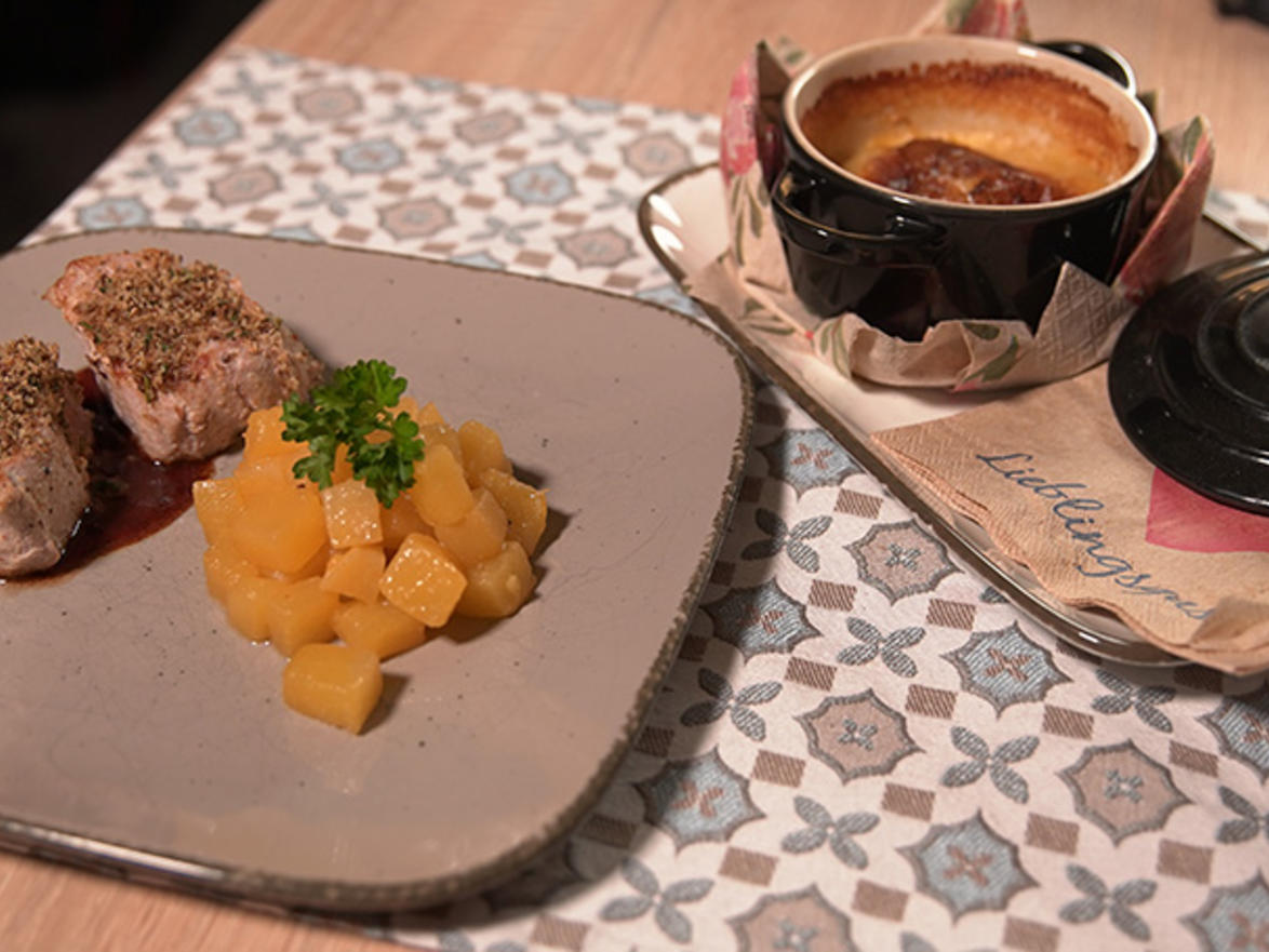 Schweinefilet mit Kräuterkruste, Steckrüben und Kartoffelgratin - von ...