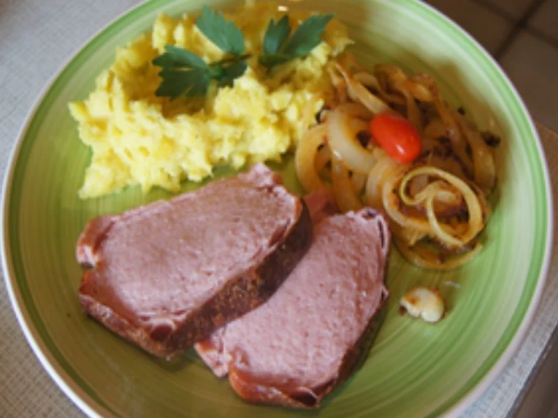 Gebackener Bayerischer Leberkäse mit Röstzwiebeln und Kartoffelstampf - Rezept - Bild Nr. 2
