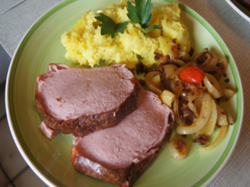 Gebackener Bayerischer Leberkäse mit Röstzwiebeln und Kartoffelstampf - Rezept - Bild Nr. 18