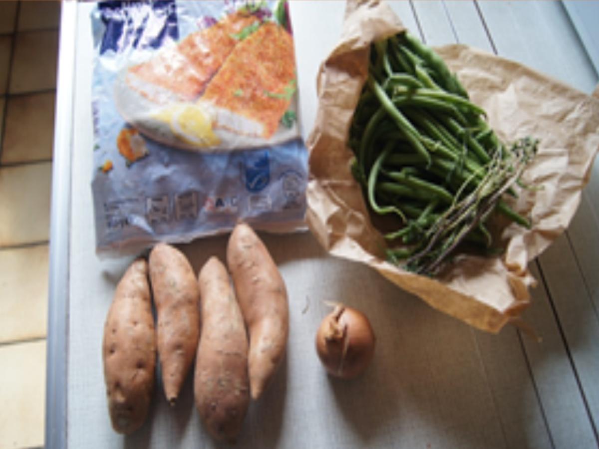 Seelachsfilet mit grünen Bohnen und Süßkartoffelstampf - Rezept - Bild Nr. 3