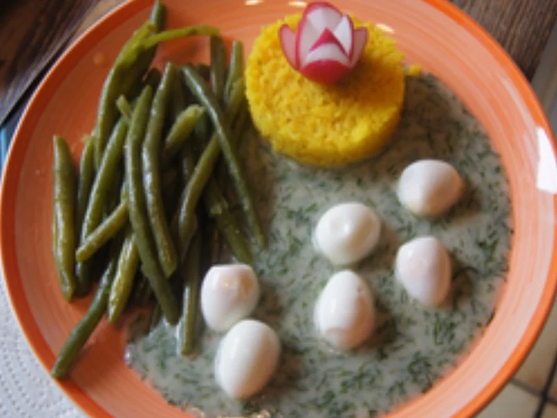 Rezept: Wachteleier in Dillsauce mit grünen Bohnen und gelben Basmatireis Bild Nr. 12 Wachteleier in Dillsauce mit grünen Bohnen und gelben Basmatireis - Rezept - Bild Nr. 12