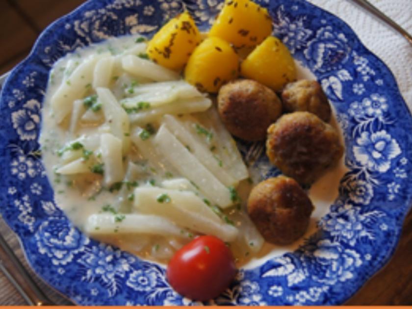 Rahm-Kohlrabi mit Mettbällchen und Kümmel-Drillingen - Rezept - kochbar.de