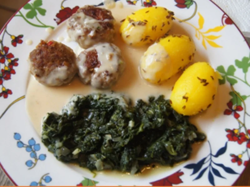 Rezept: Rindermettbällchen in Sahnesauce mit würzigen Blattspinat und Kümmel-Drillingen Bild Nr. 16073 Rindermettbällchen in Sahnesauce mit würzigen Blattspinat und Kümmel-Drillingen - Rezept - Bild Nr. 16073