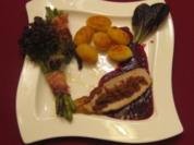 Schweineschinken mit Kirschsoße, Prinzessbohnn und Kartöffelchen - Rezept