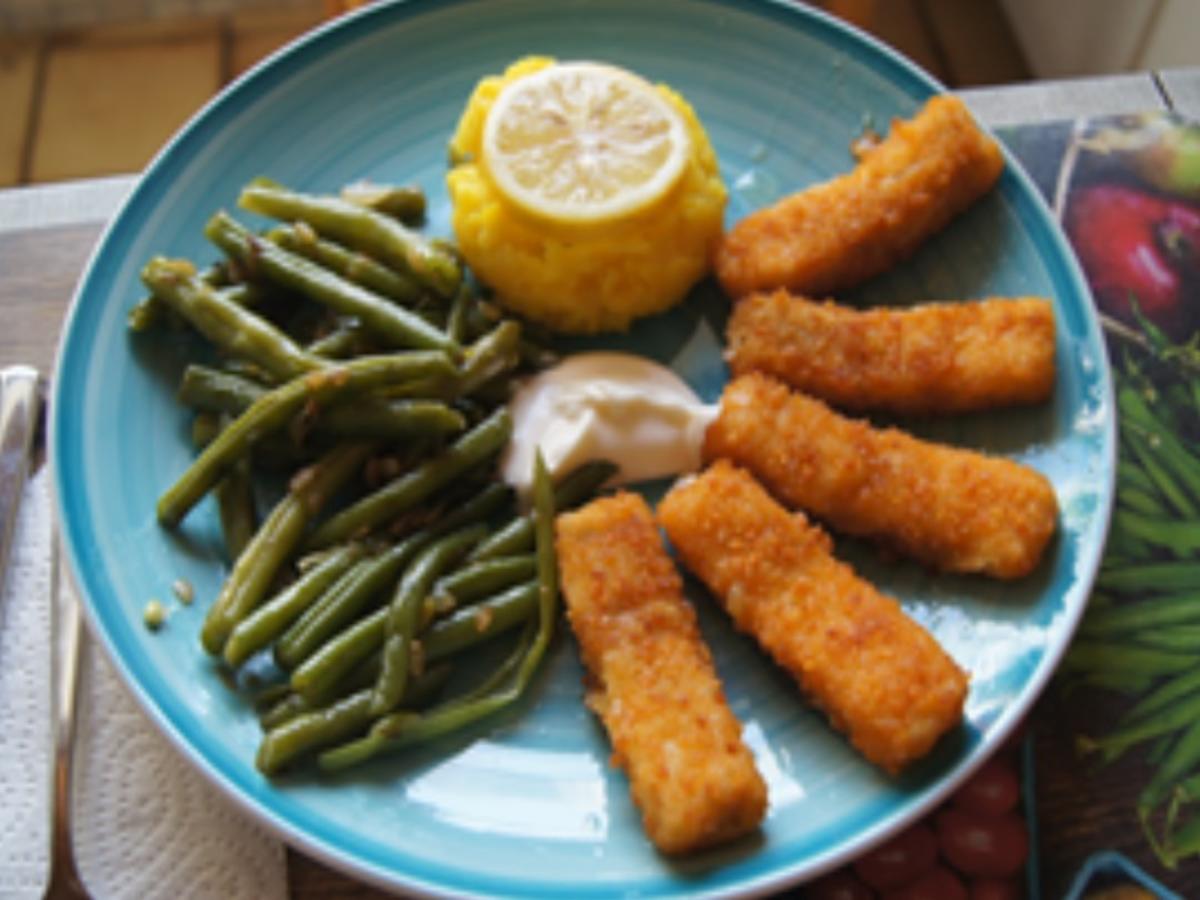 Fischstäbchen mit Bobby-Busch-Bohnen und Kartoffelstampf - Rezept ...