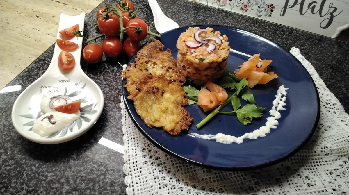 Lachsrose, +Lachstatar mit Kartoffelpuffer - Rezept - Bild Nr. 16167