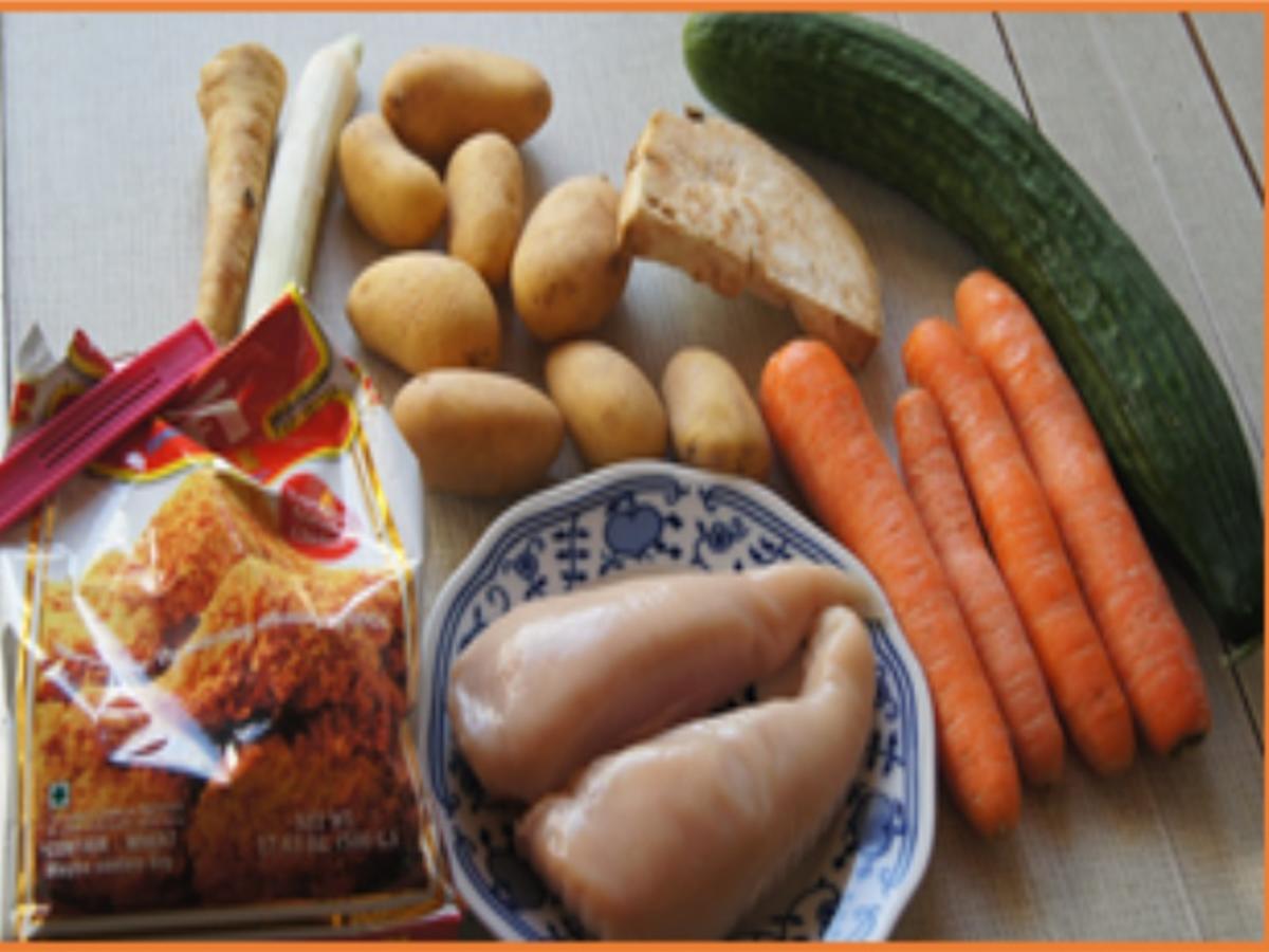 Hähnchenbrustfiletnuggets mit Honig-Karotten, Kartoffelstampf und chinesischen Gurkensalat - Rezept - Bild Nr. 3